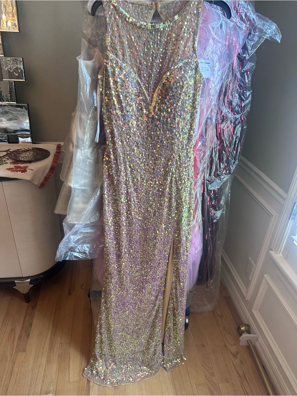 Primavera Couture Iridescent Sequin Prom Gown in Gold-Pink